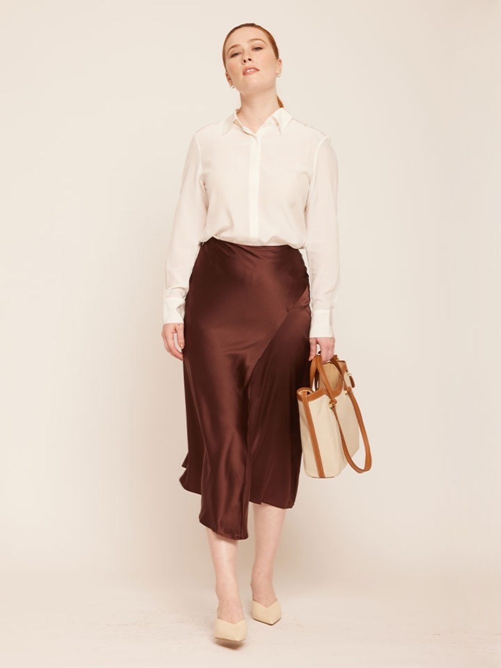 NWOT Lily Silk Silk Brown midi skirt with asymmetrical hem |  Size 4